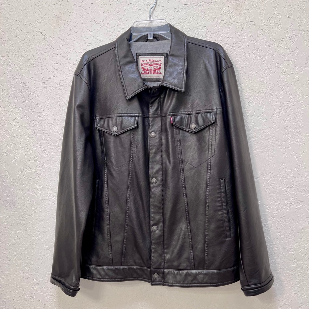 Levis Mens Faux Leather Trucker Jacket Black‎ Zip Snap Moto Biker EUC